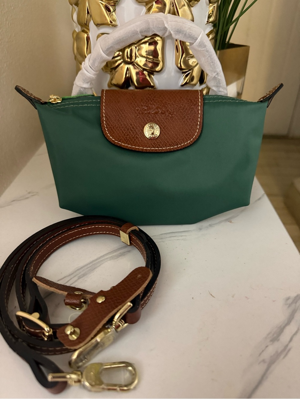 Longchamp Small Green Nylon Mini Bag with Brown Leather Trim - Picture 2 of 4
